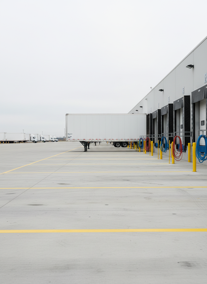A minimalist, ultra-clean warehouse cross-dock scene, showing an aligned row of white box trailers backed up to a long concrete loading platform with perfectly spaced overhead doors. The platform edge is sharply defined, with bright yellow safety markings and neatly coiled dock hoses. Diffused overcast daylight creates even, shadow-soft lighting across the scene, eliminating harsh contrasts and emphasizing cleanliness and order. Photographic realism, shot from a straight-on, eye-level perspective with strong horizontal lines dominating the composition. The atmosphere is calm, controlled, and highly organized, reflecting a professional logistics operation optimized for fast, efficient transfers between trucks.
