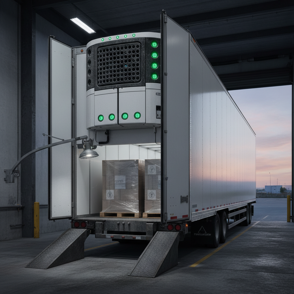 A specialized refrigerated trailer backed into a designated cold-chain dock, its pristine white insulated walls contrasted against a darker concrete loading bay. The trailer’s temperature-control unit is prominently visible, with status lights glowing a steady green and subtle frost texture around the vents. Soft early-evening light enters from the open bay door, mingling with cool, directional LED dock lighting that highlights the metal dock plate and neatly stacked, shrink-wrapped pallets inside. Photographic realism, framed from a three-quarter rear angle, emphasizing the secure seal between trailer and dock. The mood is clinical and dependable, stressing precision temperature control in sensitive freight logistics.