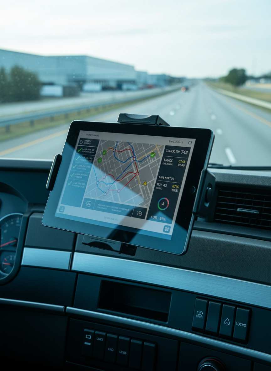 A close-up, cinematic shot of a glossy black tablet mounted securely inside a truck cab, displaying a detailed logistics dashboard with route maps, delivery timelines, and live status indicators. The tablet rests against a textured matte-gray dashboard with brushed metal accents and clearly labeled controls. Early-morning, cool natural light filters through the windshield, creating soft reflections on the screen without obscuring the interface. Background elements of the road ahead and distant warehouses are gently out of focus. Photographic realism from a slightly side-on, eye-level angle, emphasizing technology, real-time tracking, and the precision planning behind professional freight management.