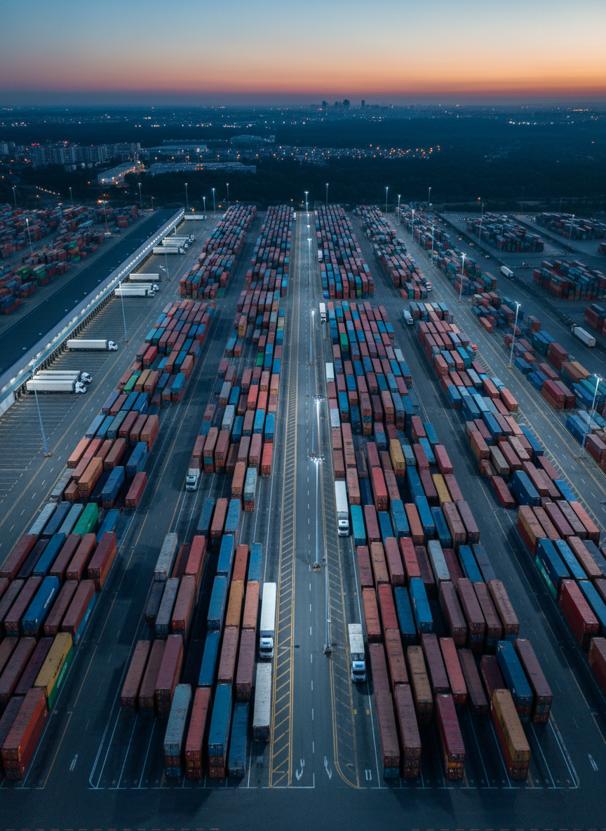 An aerial, bird’s-eye view of a vast, meticulously organized freight yard at dusk, with rows of colorful containers aligned in perfect grids and multiple semi-trailers positioned at loading docks. Overhead LED yard lights cast cool, even illumination, creating a crisp contrast between lit areas and deep blue evening sky. A central paved artery divides the yard, emphasizing structure and order. Photographic realism with high clarity and depth, subtle atmospheric haze in the distance. The composition uses leading lines to draw the eye through the networked facility, evoking efficiency, large-scale coordination, and the sophisticated flow of modern trucking logistics.