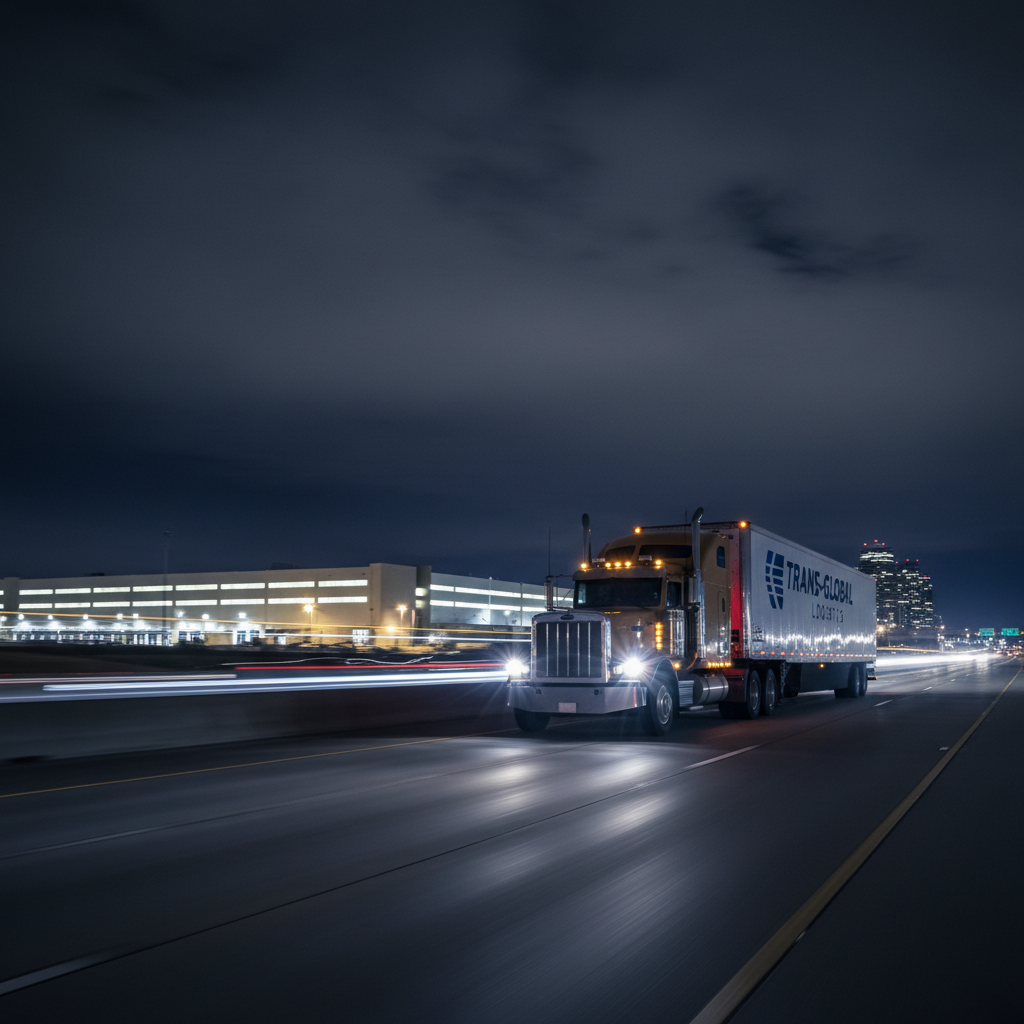 A high-contrast night scene of a long-haul semi-truck in motion on a multi-lane interstate, its LED headlights cutting a clear white path along smooth asphalt. The truck’s reflective company-branded trailer sides catch passing highway lights, creating clean streaks of light that accentuate motion. The distant skyline shows a faint outline of distribution centers with softly glowing windows. Photographic realism, captured from a low, slightly trailing angle with a sense of dynamic speed, using subtle motion blur on the road and background while keeping the truck crisp. The mood is determined and dependable, emphasizing nonstop, around-the-clock trucking logistics service.