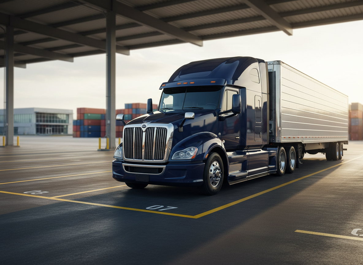 A sleek midnight-blue semi-truck with a polished chrome grille and aerodynamic trailer, parked at a modern logistics hub loading bay. The asphalt surface is clean and slightly reflective, with clearly marked loading lines and numbered bay doors stretching into the distance. Soft late-afternoon sunlight casts long, crisp shadows and creates subtle highlights along the truck’s contours. In the background, stacked shipping containers and a low, glass-front operations building are gently blurred. Photographic realism, shot from a slightly low, three-quarter front angle with sharp focus on the truck, conveying reliability, speed, and professional precision in freight logistics.