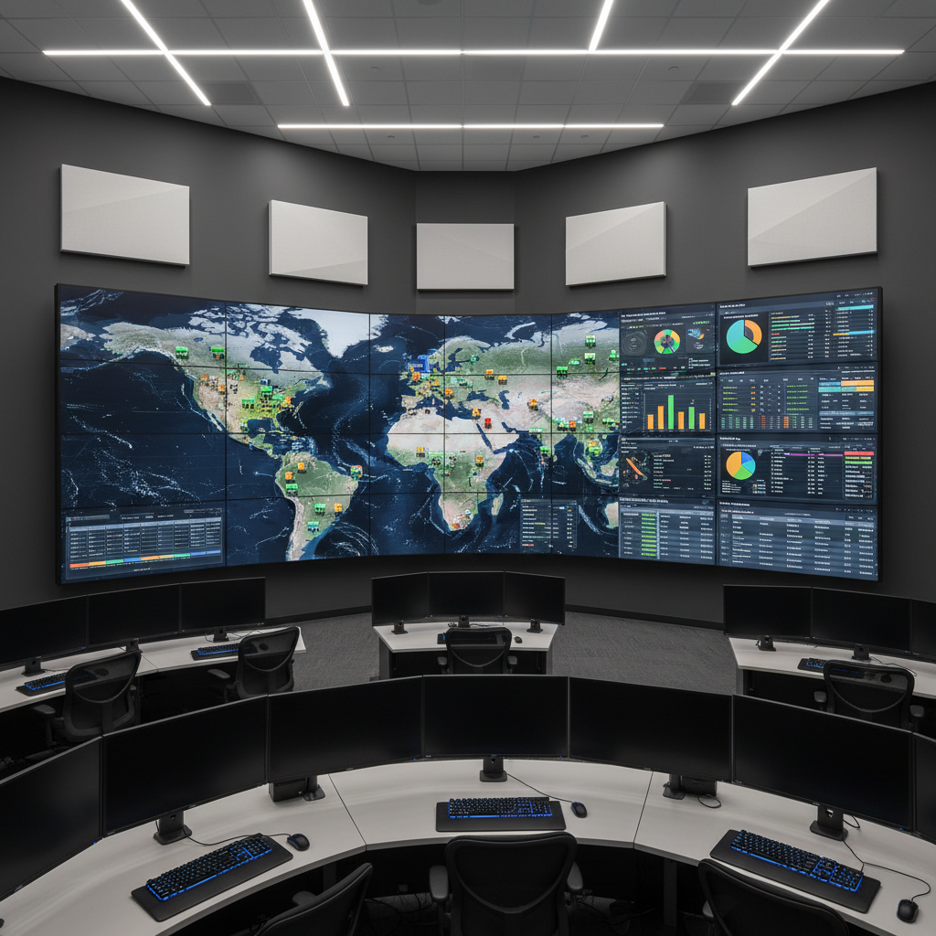 A detailed interior view of a spotless logistics control room, focusing on a curved wall of large, ultra-high-definition screens showing real-time truck locations on a digital map, weather overlays, and shipment status dashboards. The room features matte charcoal walls, white acoustic panels, and organized, cable-free workstations with illuminated keyboards. Cool, even LED ceiling lights create a neutral, professional glow with no harsh shadows, enhancing readability of the screens. Photographic realism, shot from a slightly elevated, wide-angle perspective to capture the full scope of the monitoring environment. The atmosphere is analytical and composed, conveying precision, oversight, and centralized coordination of complex trucking operations.